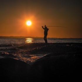En mand fisker i havet i Nordsjælland ved Øresund på Kronborg Strand