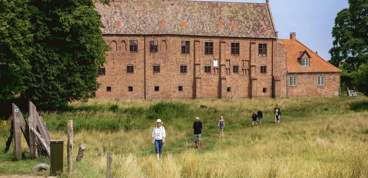 Eine Gruppe Menschen wandert über die Wiese vor dem Esrum Kloster.